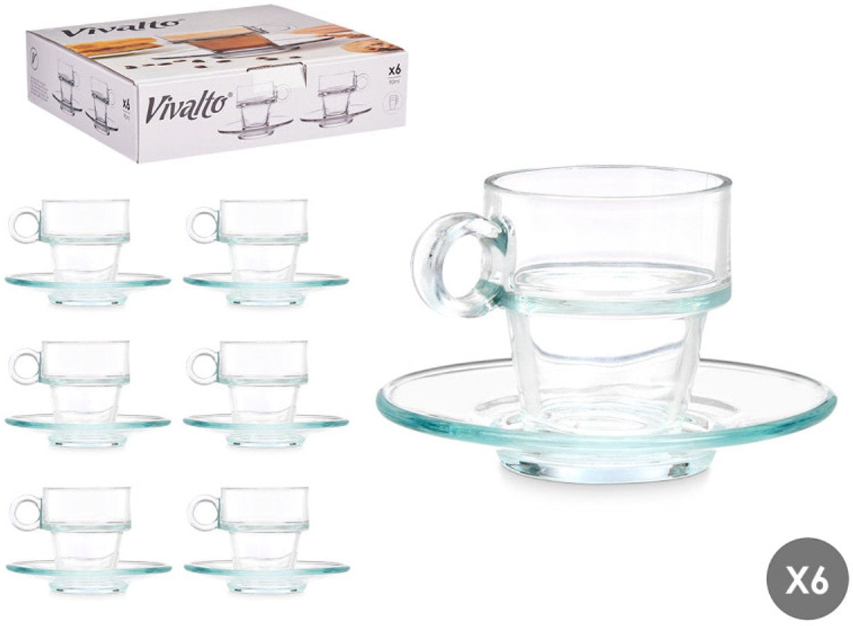 Vivalto Espressomok met Schoteltje - Set van 6 - Glas - 100ml - Kleine Koffiemok