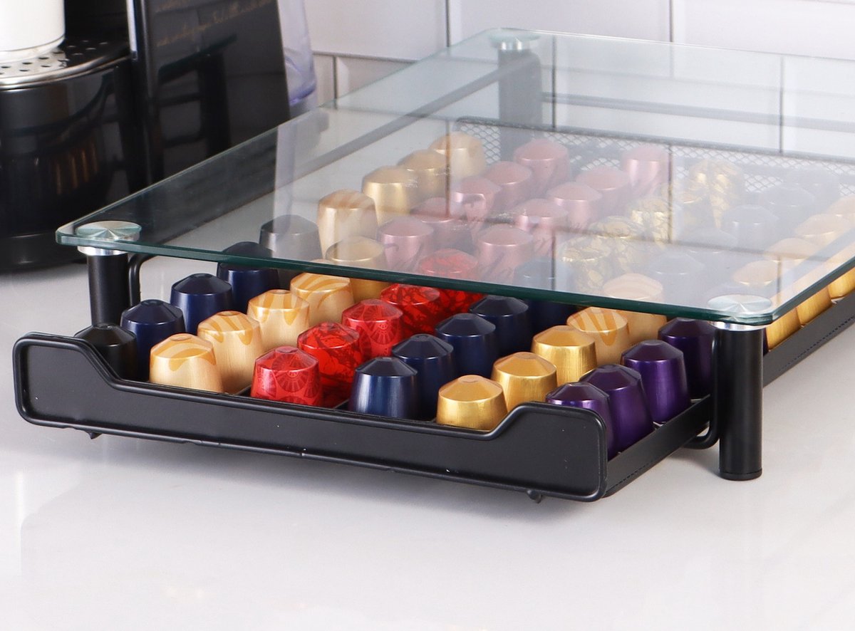 Cheffinger - Nespresso Capsulehouder met Lade - Glas - 60 Cups - Espresso Koffie Pad en Cups Houder - Glas en RVS - Zwart