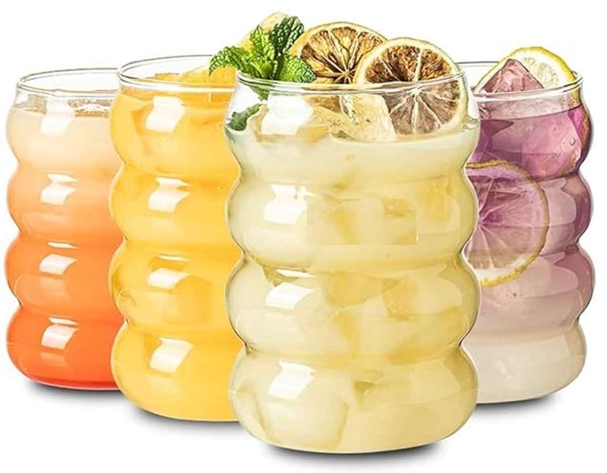 Glozini Wavy Bubbelglazen - 360ml - Set van 8 - Geribbelde Glazen - Bubble Glas - Esthetische Cocktailglazen