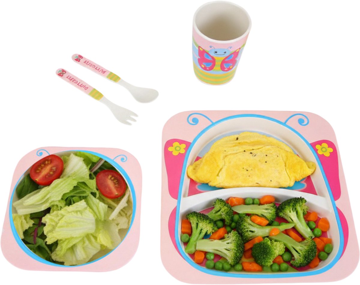 Cheffinger Children's Tableware - Butterfly - Pink - 5-piece - Blue - Baby Tableware - Children's Cutlery