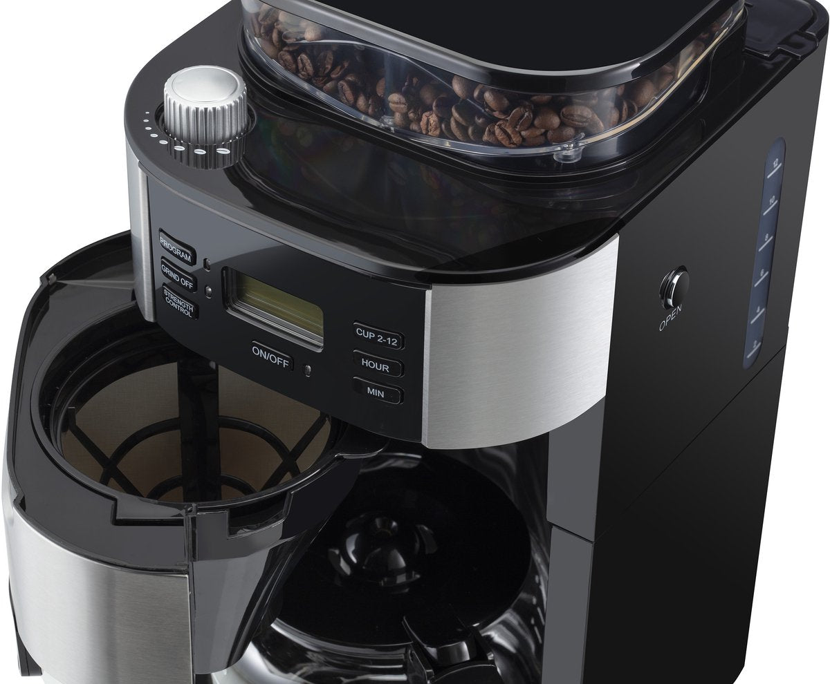 Arzum Brewtime Fresh Grind – Silber/Schwarz – Filterkaffeemaschine – Integriertes Kaffeemahlwerk – 1050 W – 1,5 l