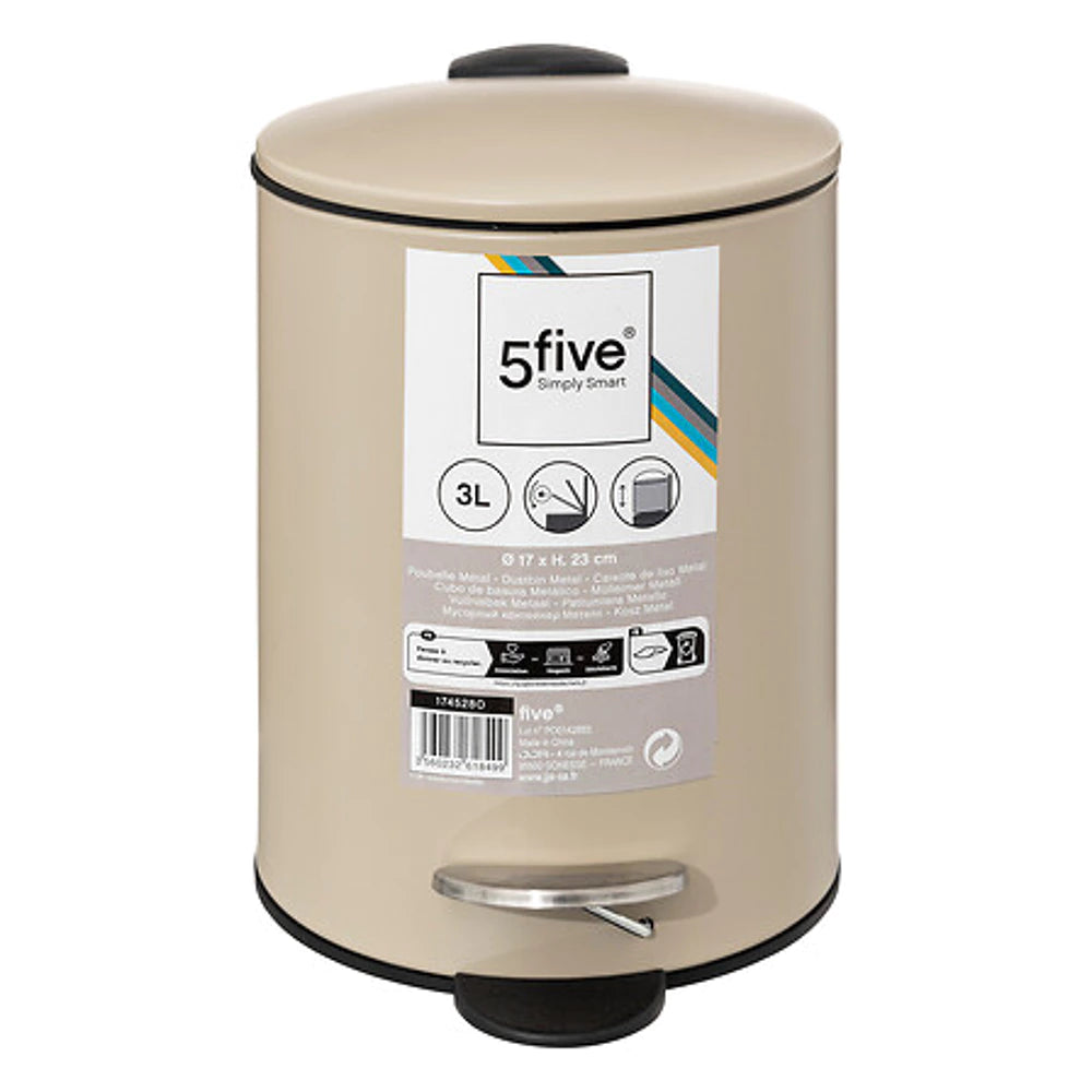 5Five Prullenbak - Kleine Pedaalemmer - Beige - 3L - Badkamer/Toilet