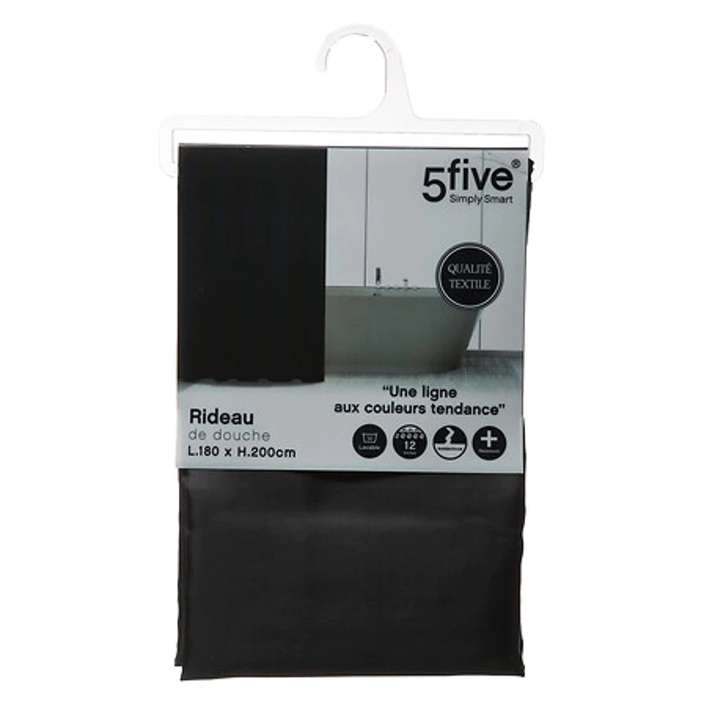 5Five Douchegordijn Zwart - 180x200cm - Waterafstotend Polyester met Ringen