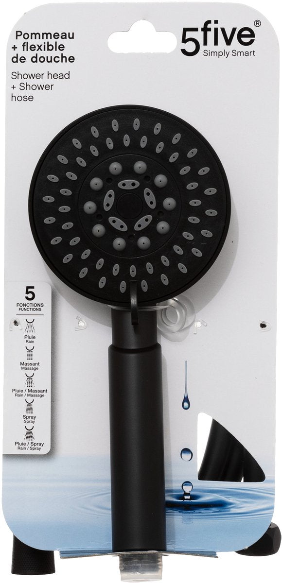 5Five Handbrause mit Brauseschlauch – Schwarz – 5 Strahlarten