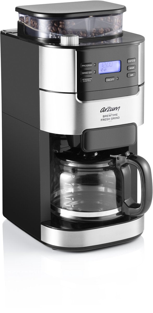 Arzum Brewtime Fresh Grind – Silber/Schwarz – Filterkaffeemaschine – Integriertes Kaffeemahlwerk – 1050 W – 1,5 l