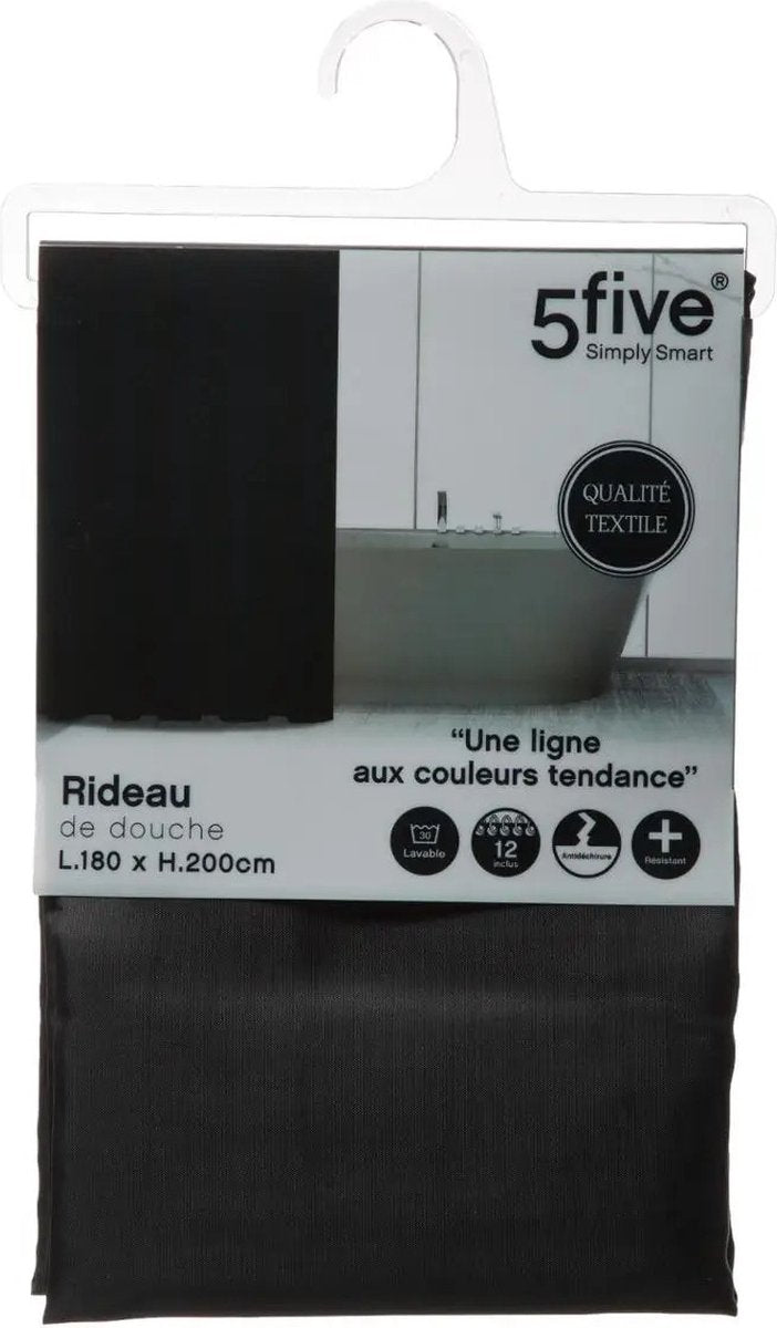 5Five Douchegordijn Zwart - 180x200cm - Waterafstotend Polyester met Ringen