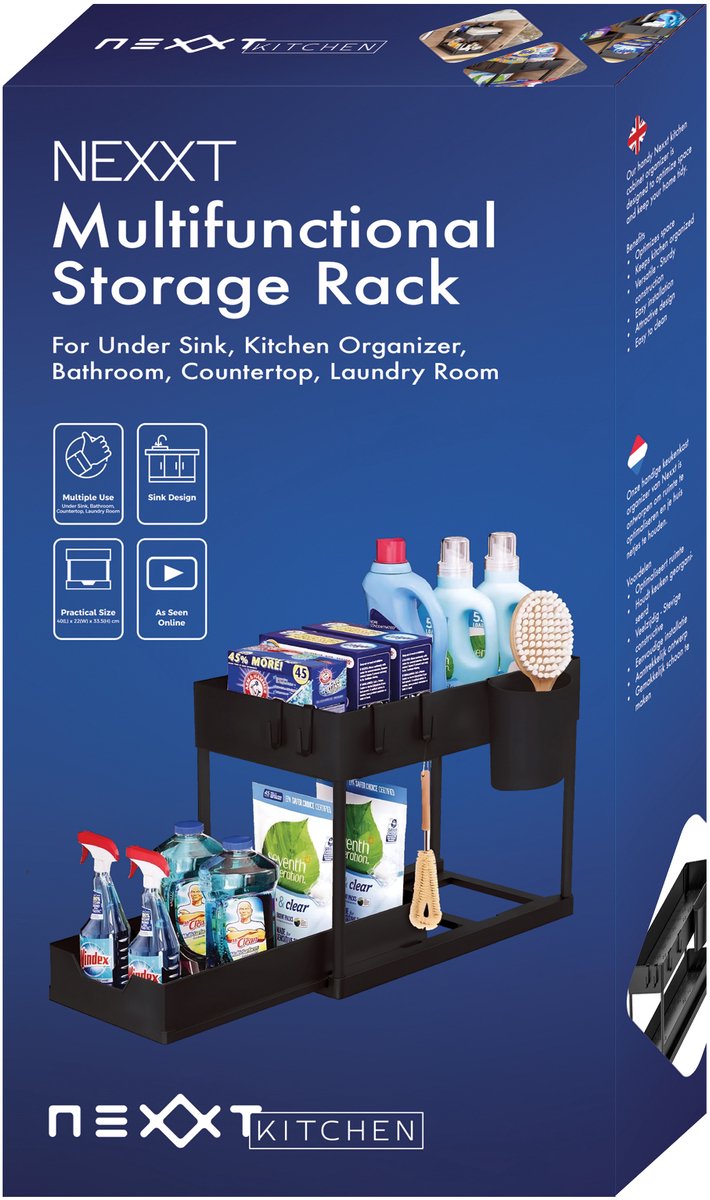 Nexxt Keukenkast Organizer - 2 Lagen - Rek met Uitschuifbare Lade - Inclusief Haakjes en Bakjes – Gootsteen Organizer - Zwart