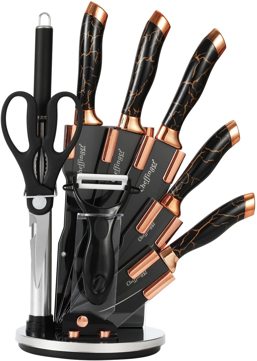 Cheffinger Messenset met Standaard - 9-delig - Zwart / Rosé Goud