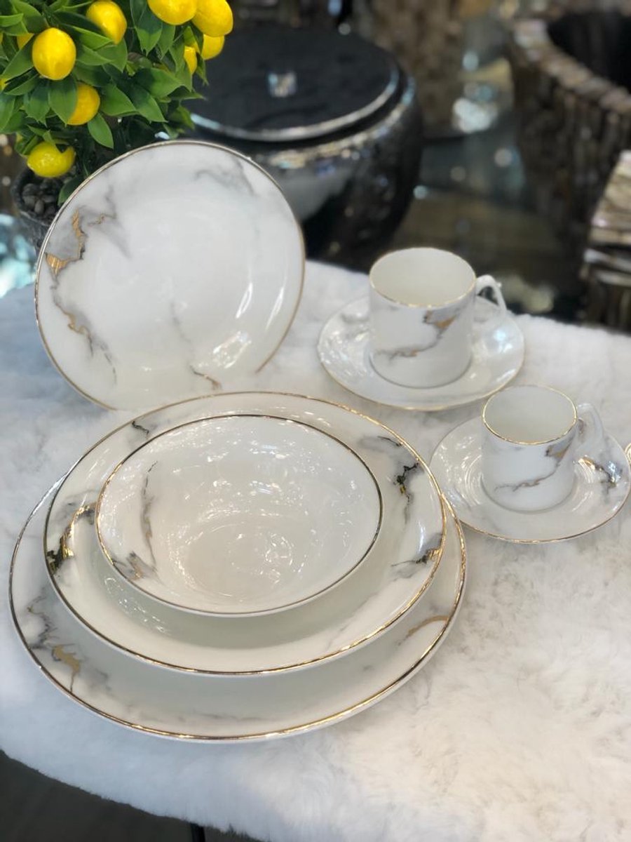 Bricard Drancy Koffieset - 12-delig - Wit/Marmer - Koffie Kopjes en Schoteltjes