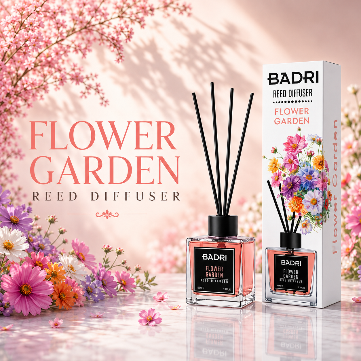 BADRI Geurstokjes Flower Garden 100ML - Luxe Reed Diffuser met Bloemige Geur voor Woonkamer & Badkamer