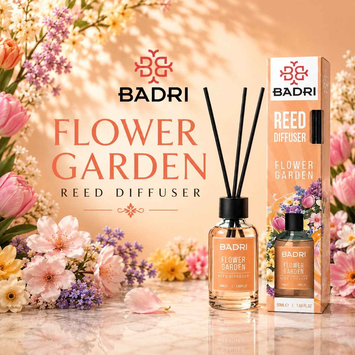 BADRI Geurstokjes Flower Garden 50ML – Luxe Reed Diffuser met Bloemige Geur voor Woonkamer & Badkamer