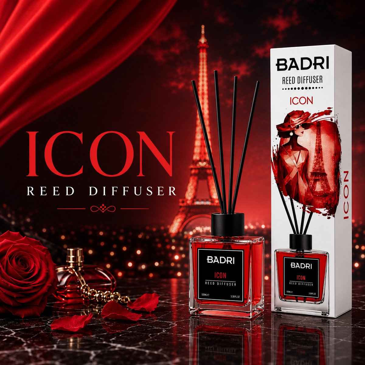 BADRI Geurstokjes Icon 100ML - Luxe Reed Diffuser met Verleidelijke Geur voor Woonkamer & Badkamer
