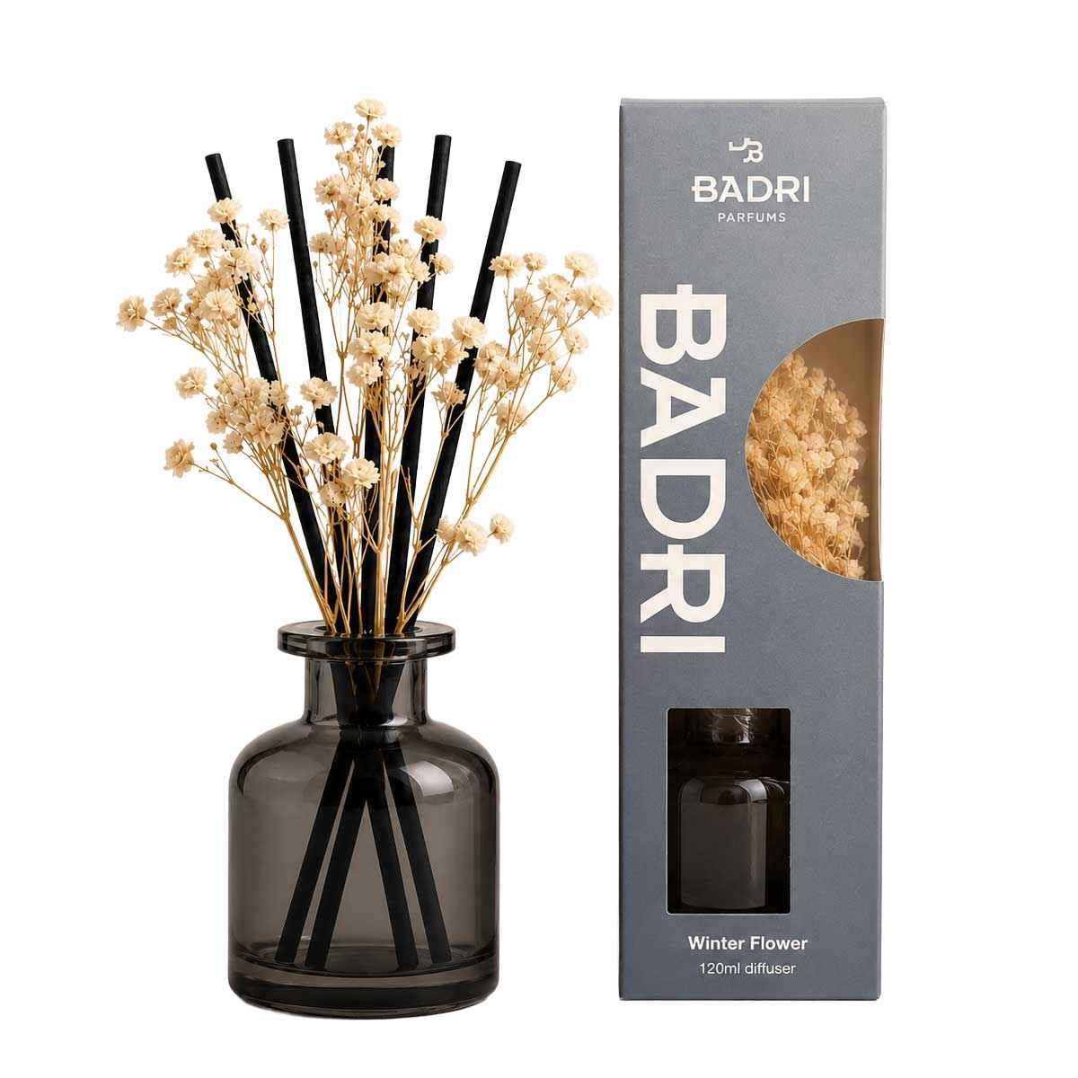 BADRI Bloem Geurstokjes - Winter Flower - 120ML - Luxe Reed Diffuser - Geur voor Woonkamer & Badkamer – productafbeelding