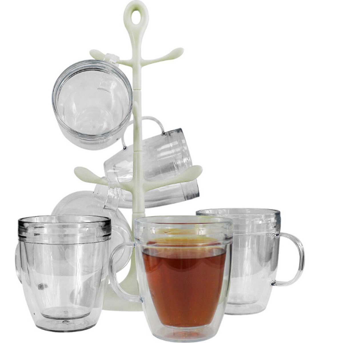 Bodum Bistro - Mokkenhouder met 6x Dubbelwandige Kunststof Glazen Mokken - BPA-Vrij