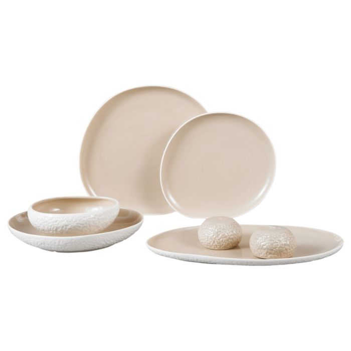 Bricard Barles Stone - Porseleinen Dinner Set - Serviesset - 27-delig - 6-Persoons - Wit/Taupe - Japandi