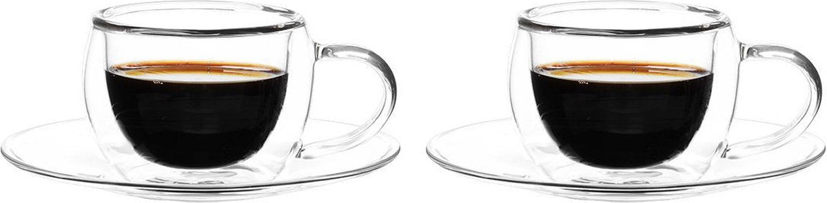 Bricard Glassware Double Walled Glasses with Saucer - 140ml - Set of 2 - Coffee Glass - Coffee Glasses and Coasters