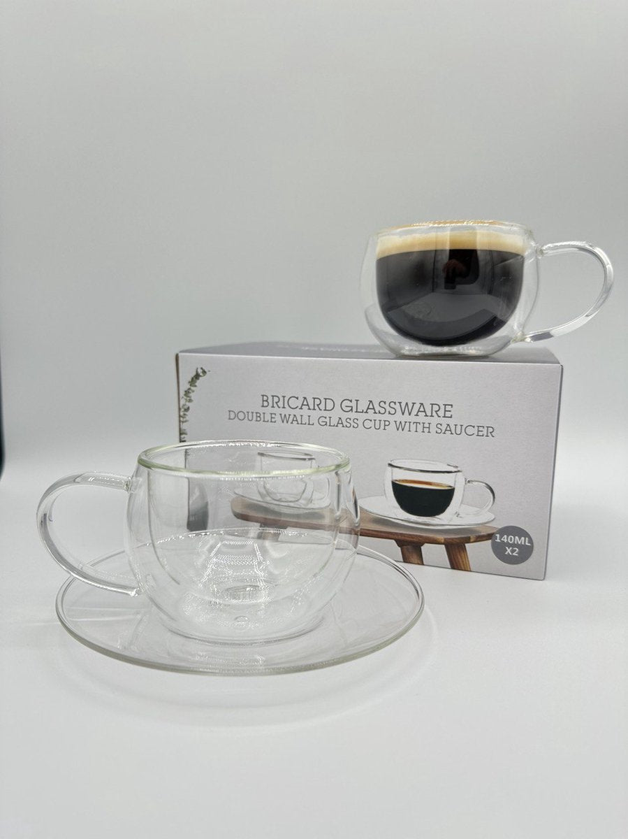 Bricard Glassware Double Walled Glasses with Saucer - 140ml - Set of 2 - Coffee Glass - Coffee Glasses and Coasters