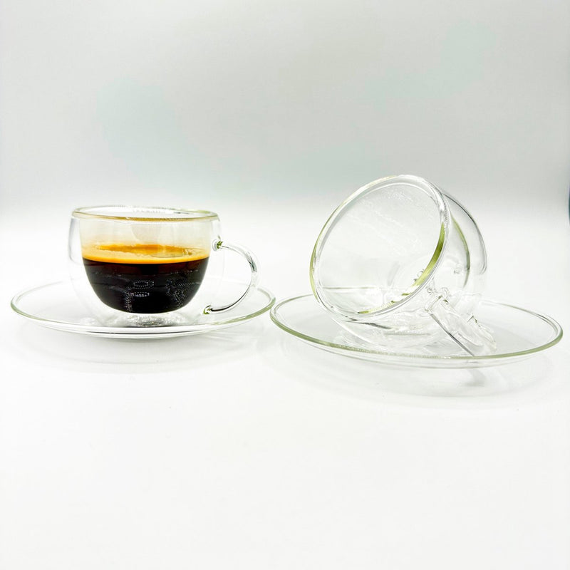 Bricard Glassware Double Walled Glasses with Saucer - 80ml - Set of 2 - Coffee Glass - Coffee Glasses and Coasters