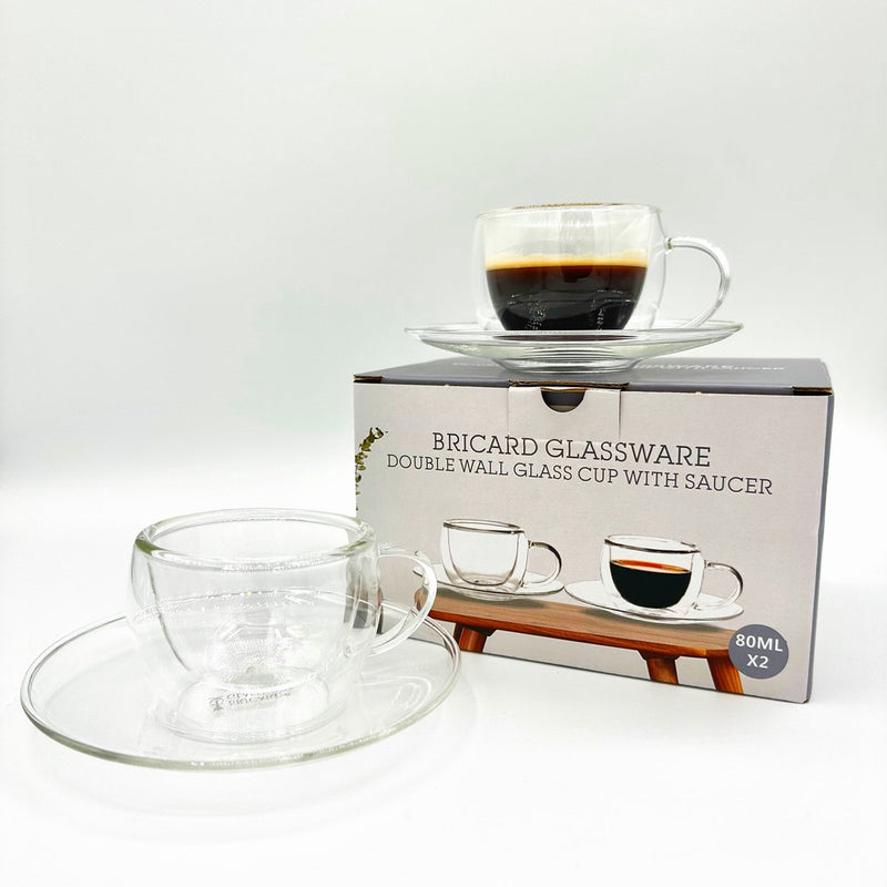 Bricard Glassware Double Walled Glasses with Saucer - 80ml - Set of 2 - Coffee Glass - Coffee Glasses and Coasters