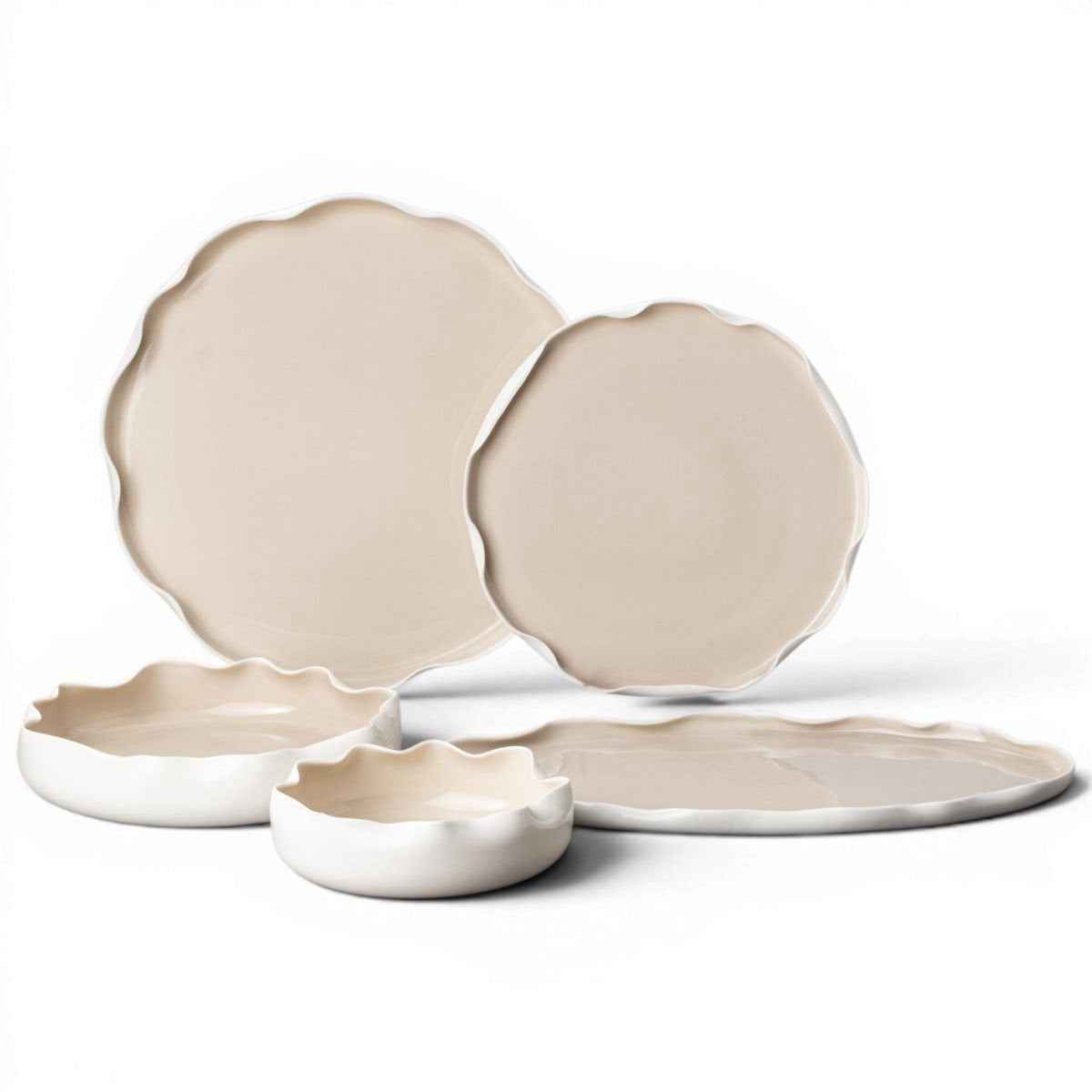 Bricard Nice - Porseleinen Serviesset Set - Dinner Set - 25-delig - 6-Persoons - Wit/Taupe - Japandi
