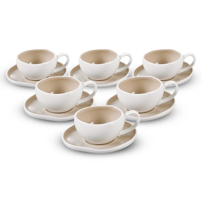 Bricard Barles Koffieset - 12-delig - Wit/Taupe - 225ml - Porselein - Koffiekopjes