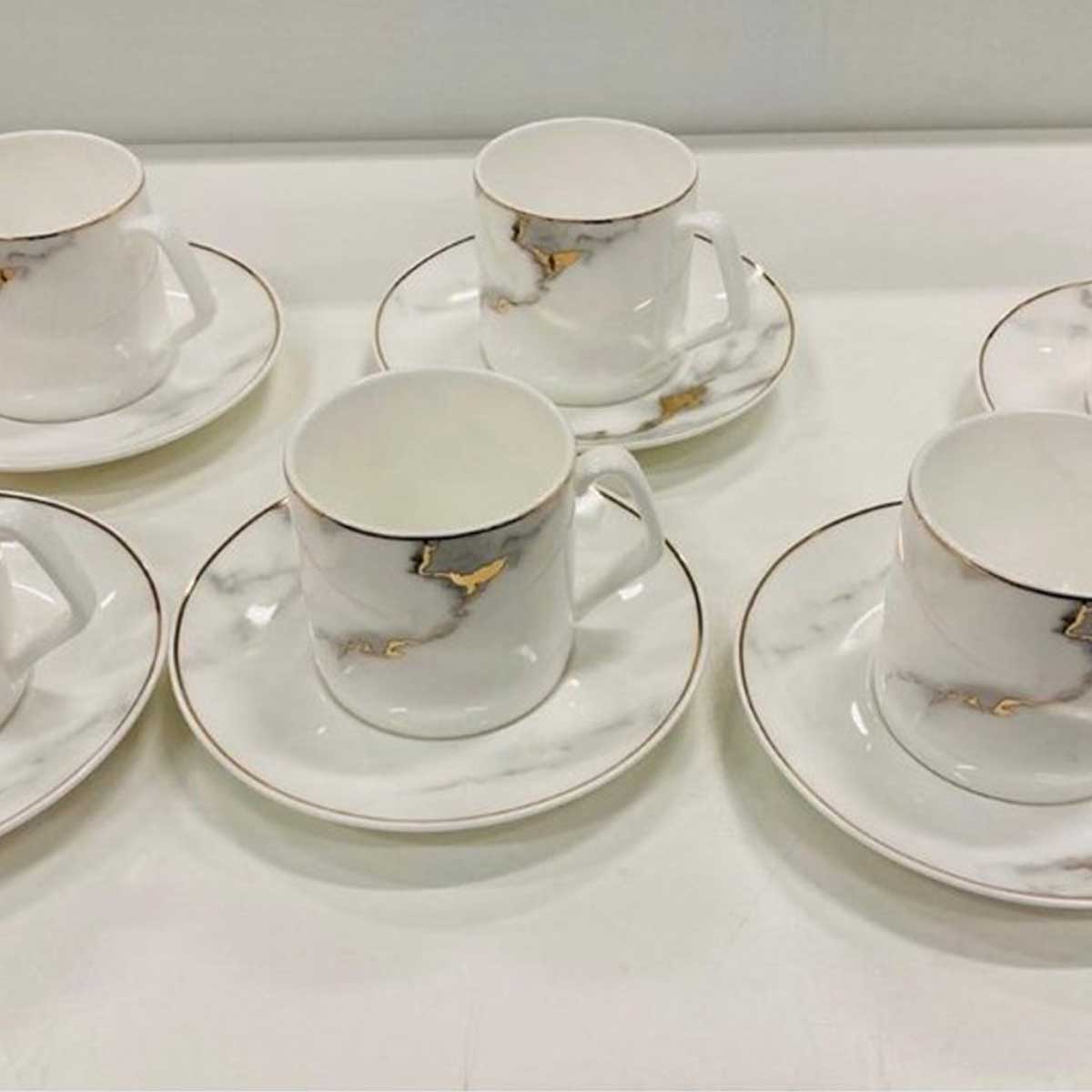 Bricard Drancy Koffieset - 12-delig - Wit/Marmer - Koffie Kopjes en Schoteltjes
