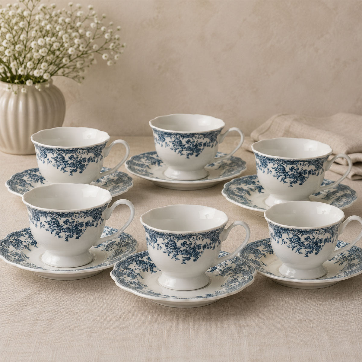 Bricard Fleury - Vintage Koffieset - 12-delig - Blauw/Wit - 225ml - Porselein -  Koffie Kopjes en Schoteltjes