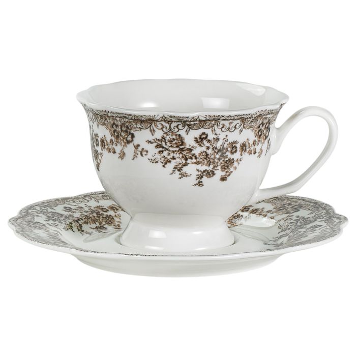 Bricard Fleury - Vintage Koffieset - 12-delig - Bruin/Wit - 225ml - Porselein -  Koffie Kopjes en Schoteltjes