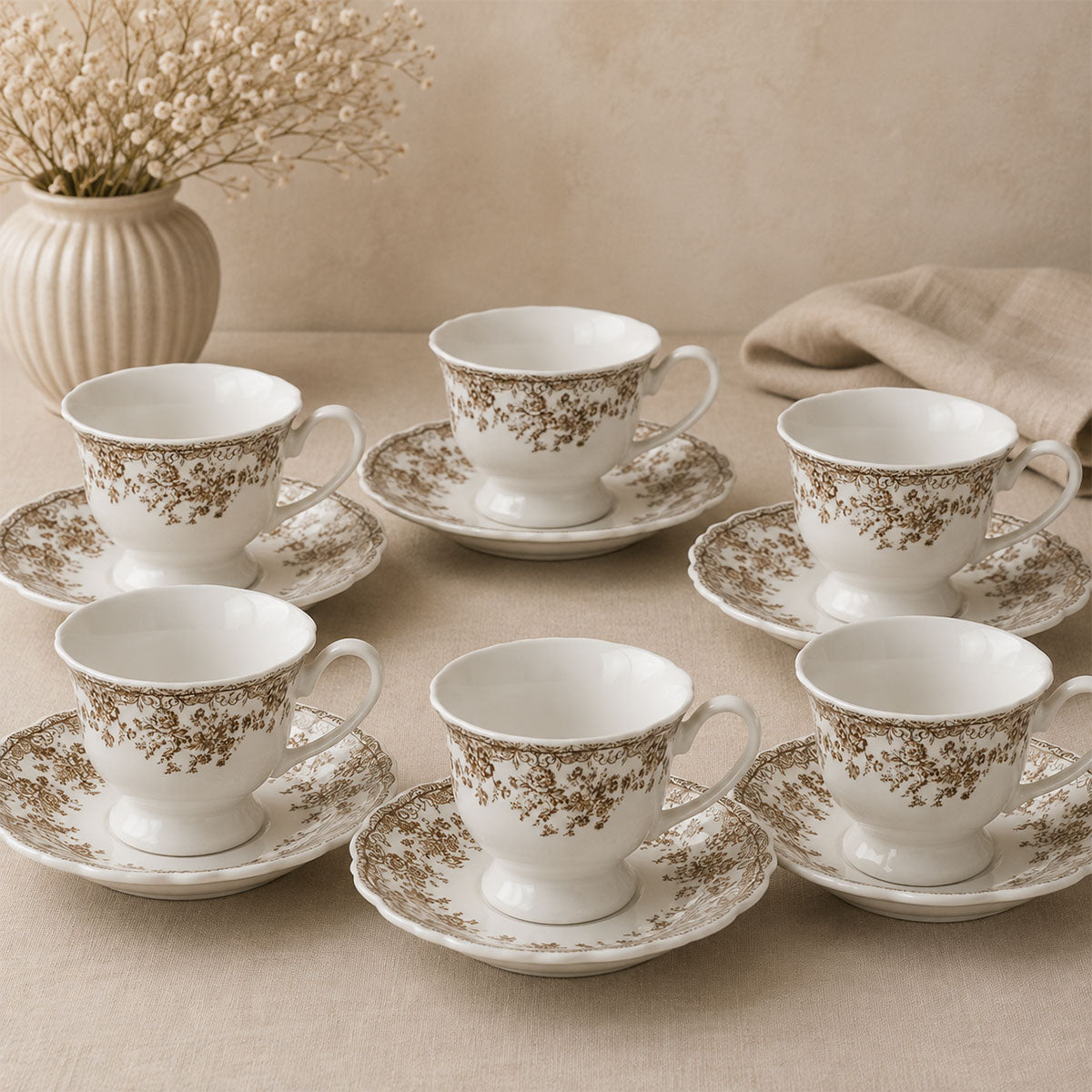 Bricard Fleury - Vintage Koffieset - 12-delig - Bruin/Wit - 225ml - Porselein -  Koffie Kopjes en Schoteltjes