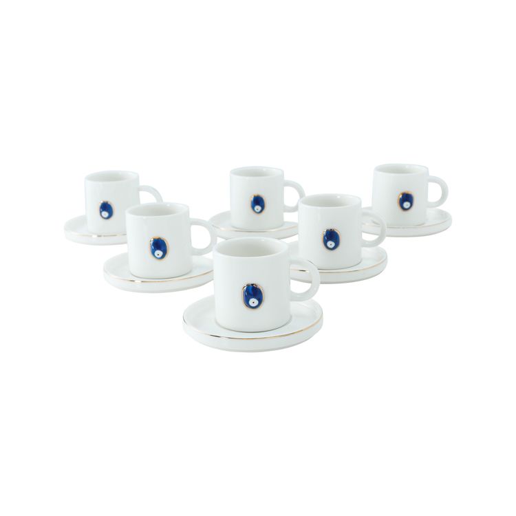 Bricard Hatira - Espressoset met Nazar Boncuk - 12-delig - Wit/Goud - 125ml - Keramiek - Espresso Kopjes & Schotels