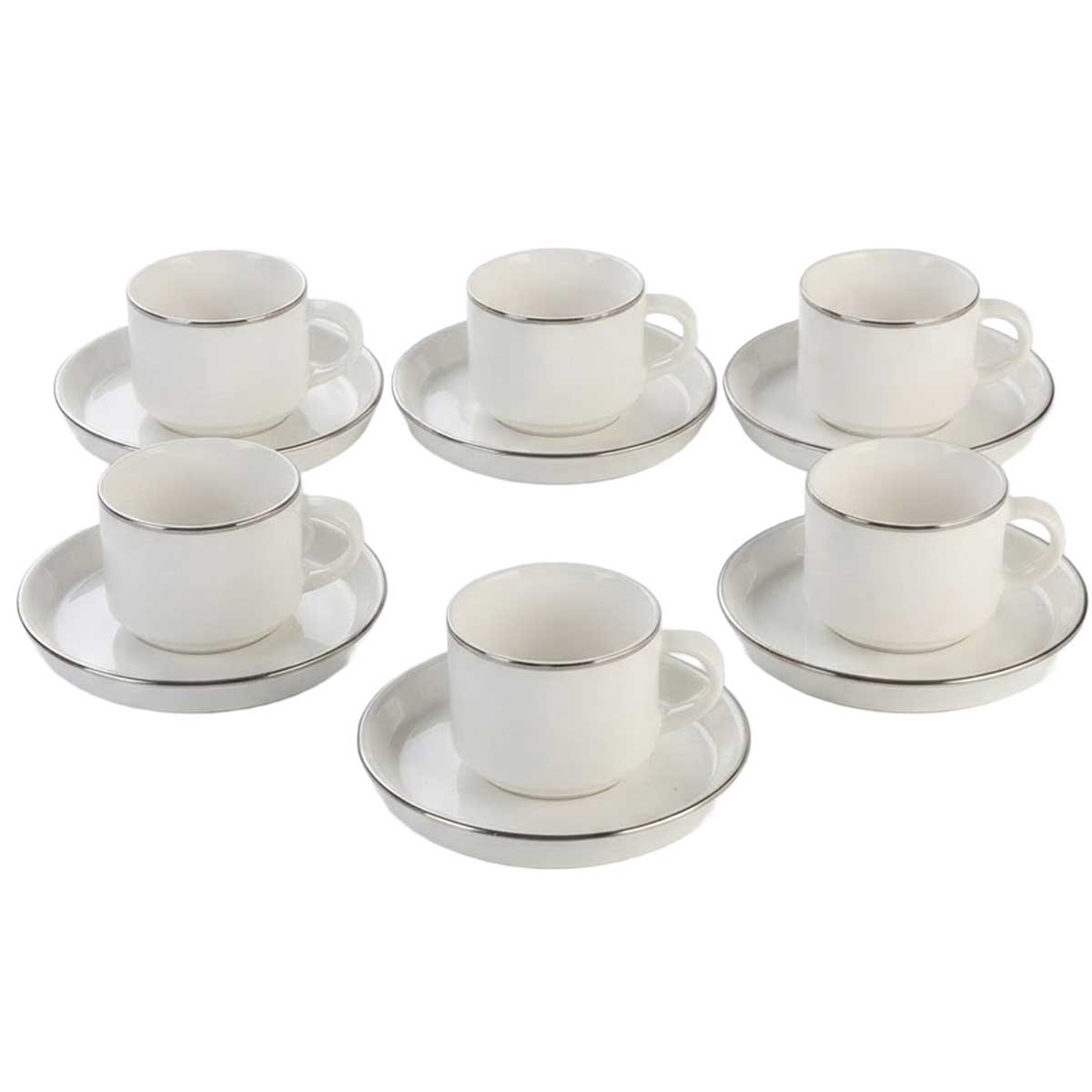Bricard Lunel Espressoset - 12-delig - Wit/Zilver - 125ml - Porselein - Kleine Koffiekopjes