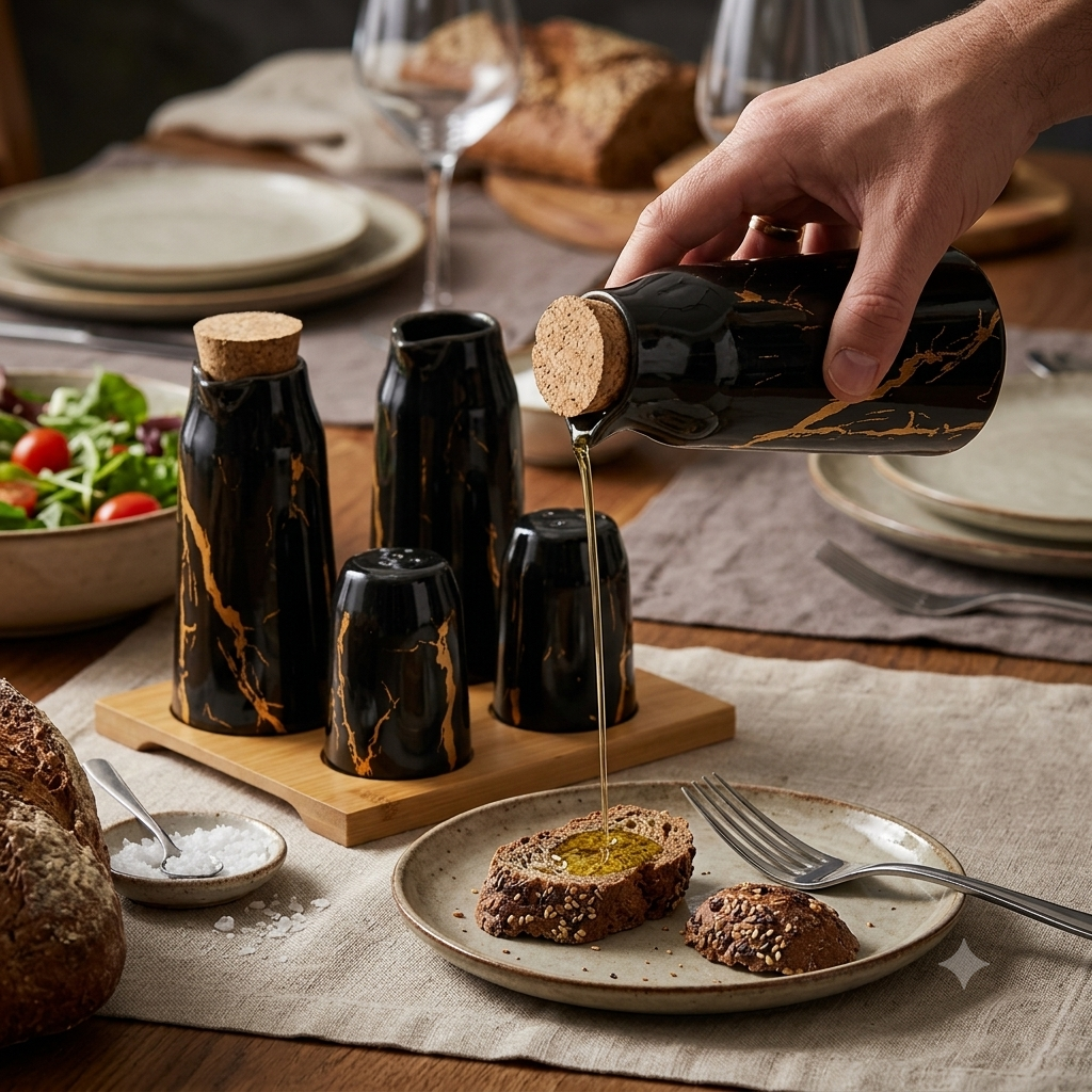 Bricard Menageset - 4-delig met Houten Plateau - Zwart/Goud Marmerlook - Olie en Azijn Stel + Peper en Zoutstel - Keramiek