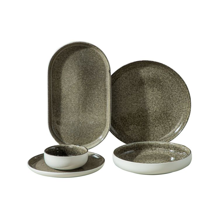Bricard Pau - Porseleinen Serviesset Set - Dinner Set - 25-Delig - 6-Persoons - Mat Wit/Bruin