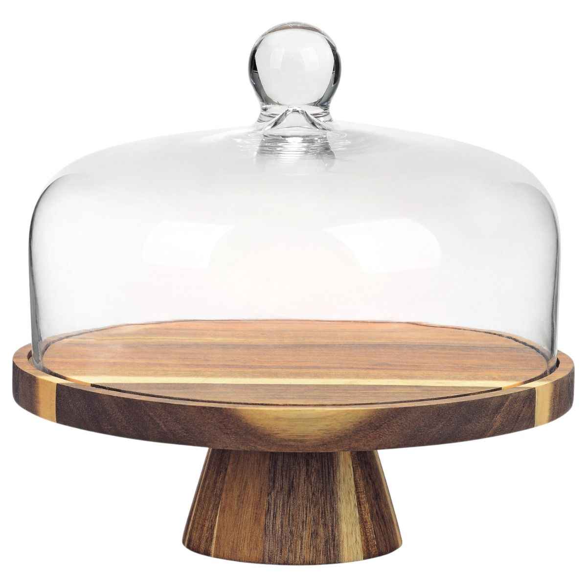 Bricard Taartplateau met Stolp - Glas/Acacia Hout - Ø28cm - Patisseriebord op Voet