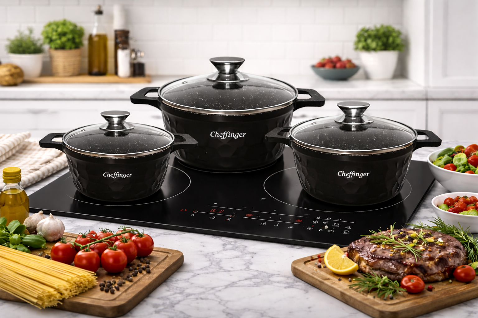 Cheffinger Pannenset - 6-delig - 20, 24 & 28 cm - Zwart