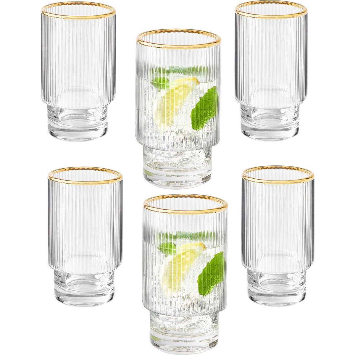 Cheffinger Geribbelde Longdrinkglazen met Gouden Rand - 330ml - Set van 6 - Cocktailglazen - IJskoffieglazen - Drinkglazen