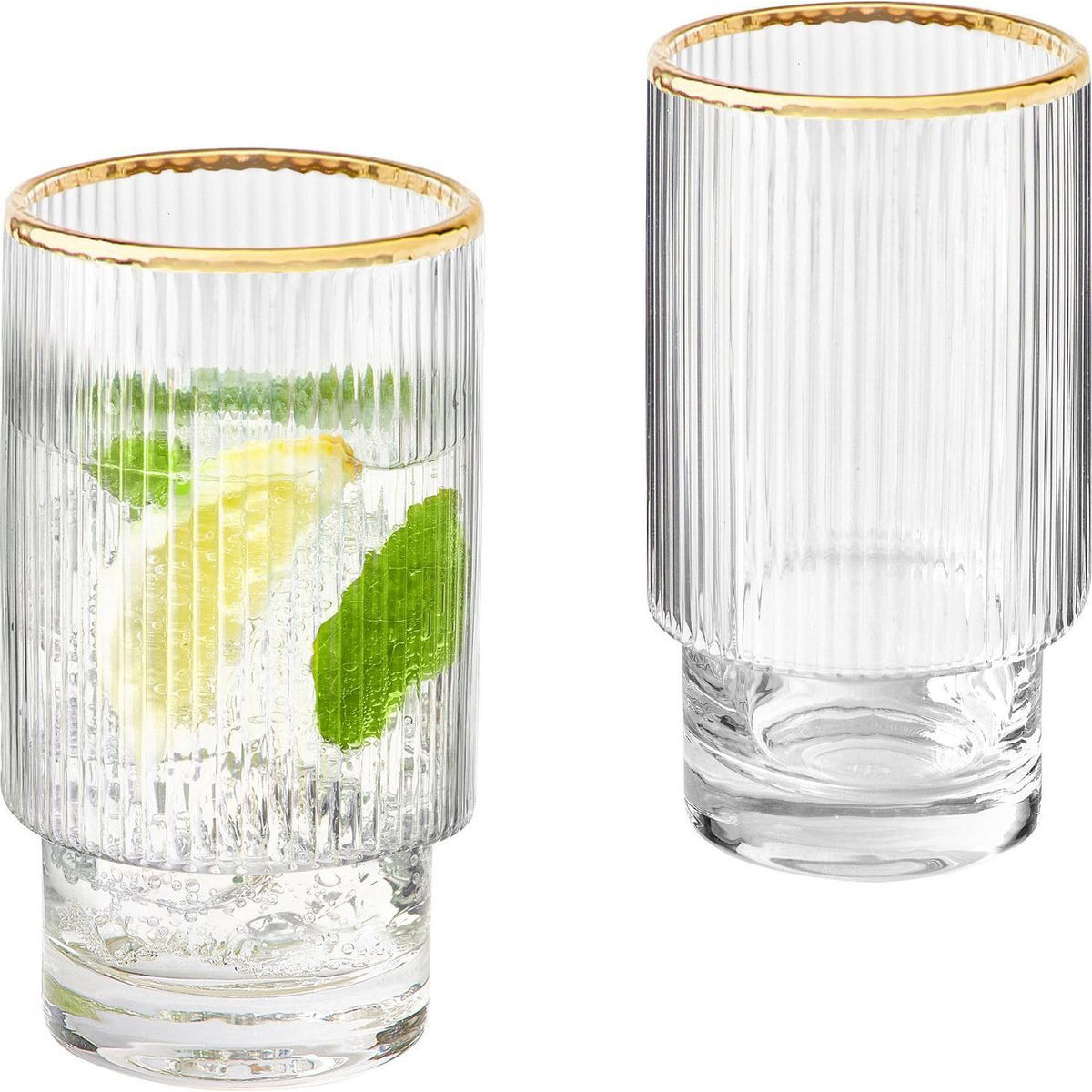 Cheffinger Geribbelde Longdrinkglazen met Gouden Rand - 330ml - Set van 6 - Cocktailglazen - IJskoffieglazen - Drinkglazen