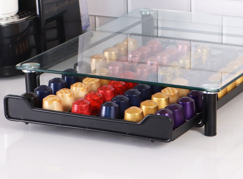 Clever - Glass Capsule Holder with Drawer - 60 Cups - Espresso Coffee Pad and Cups Holder - Glass and Stainless Steel - Black