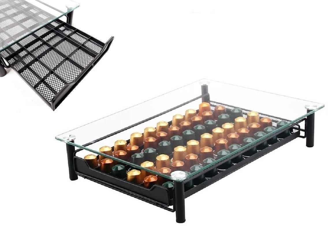 Cheffinger - Glazen Capsule Houder met Lade - 60 Cups - Espresso Koffie Pad en Cups Houder - Glas en RVS - Zwart