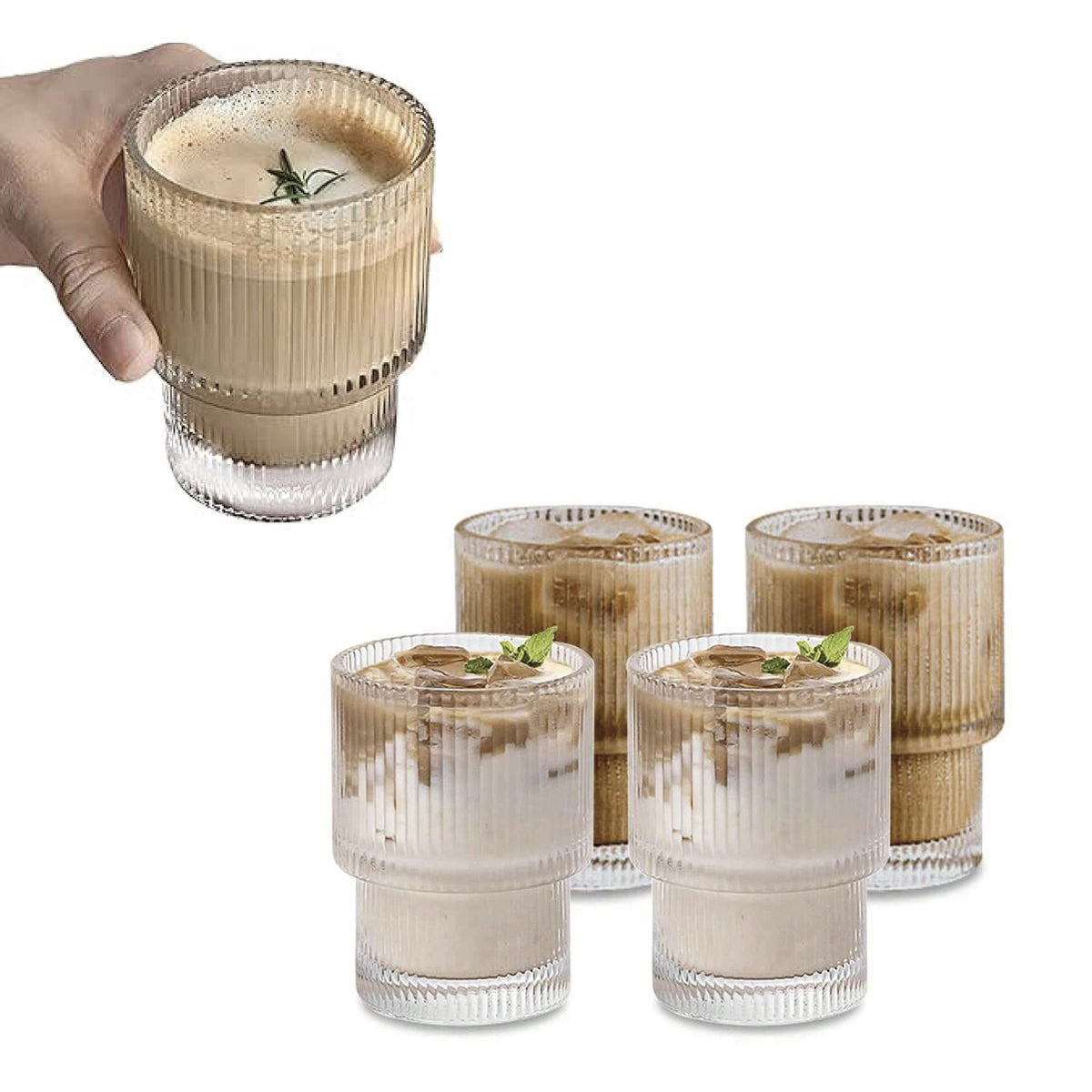 Cheffinger Korte Geribbelde Drinkglas - 200ml - Set van 6 - Cocktailglazen - IJskoffieglazen - Drinkglazen