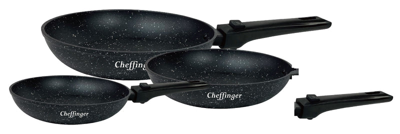 Clever Frying Pan Set - Ø 20/24/28 cm - with Removable Handle - Black