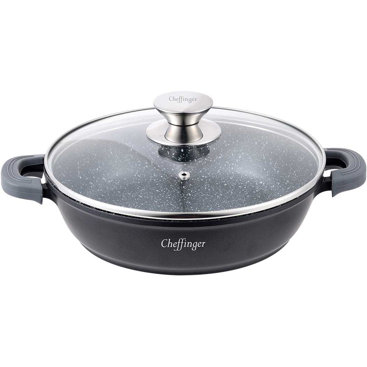 Cheffinger Low Frying Pan with Lid - 24cm - 2.2L - Black - Induction 