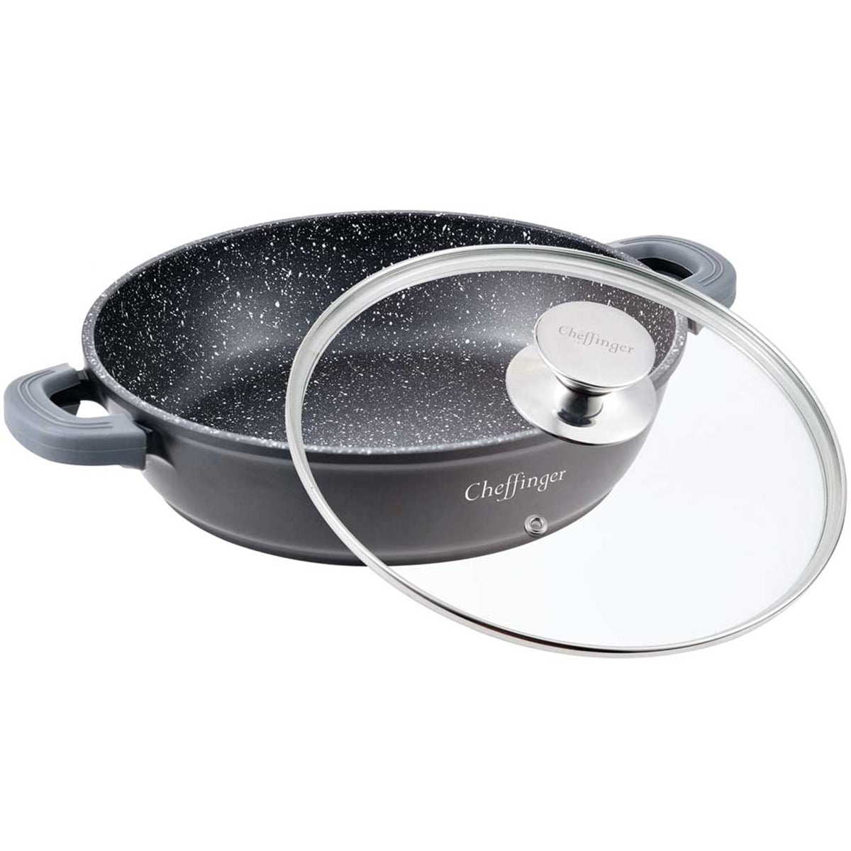 Cheffinger Low Frying Pan with Lid - 24cm - 2.2L - Black - Induction 