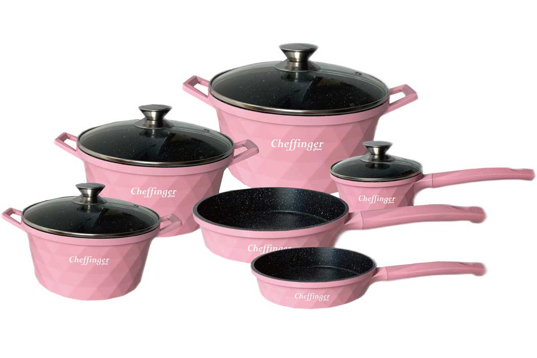 Cheffinger Pannenset - 12-delig - Roze - Inductie - Met glazen deksels