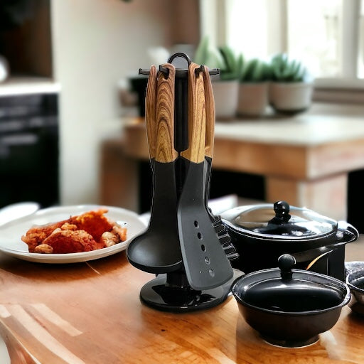 Clever Cookware – Küchengeschirr – 7-teiliges Küchengeschirr-Set mit Ständer – Holz