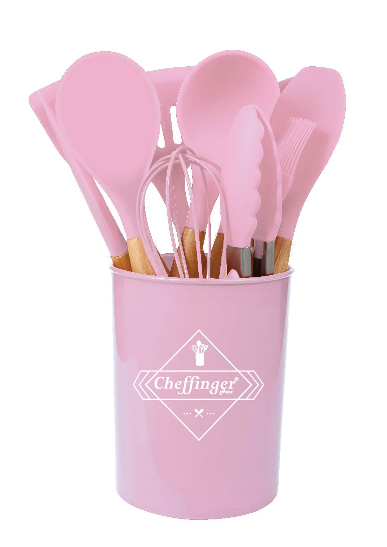 Cheffinger Keukengerei Set met Houder - 12-delig - Roze - Kookgerei Set