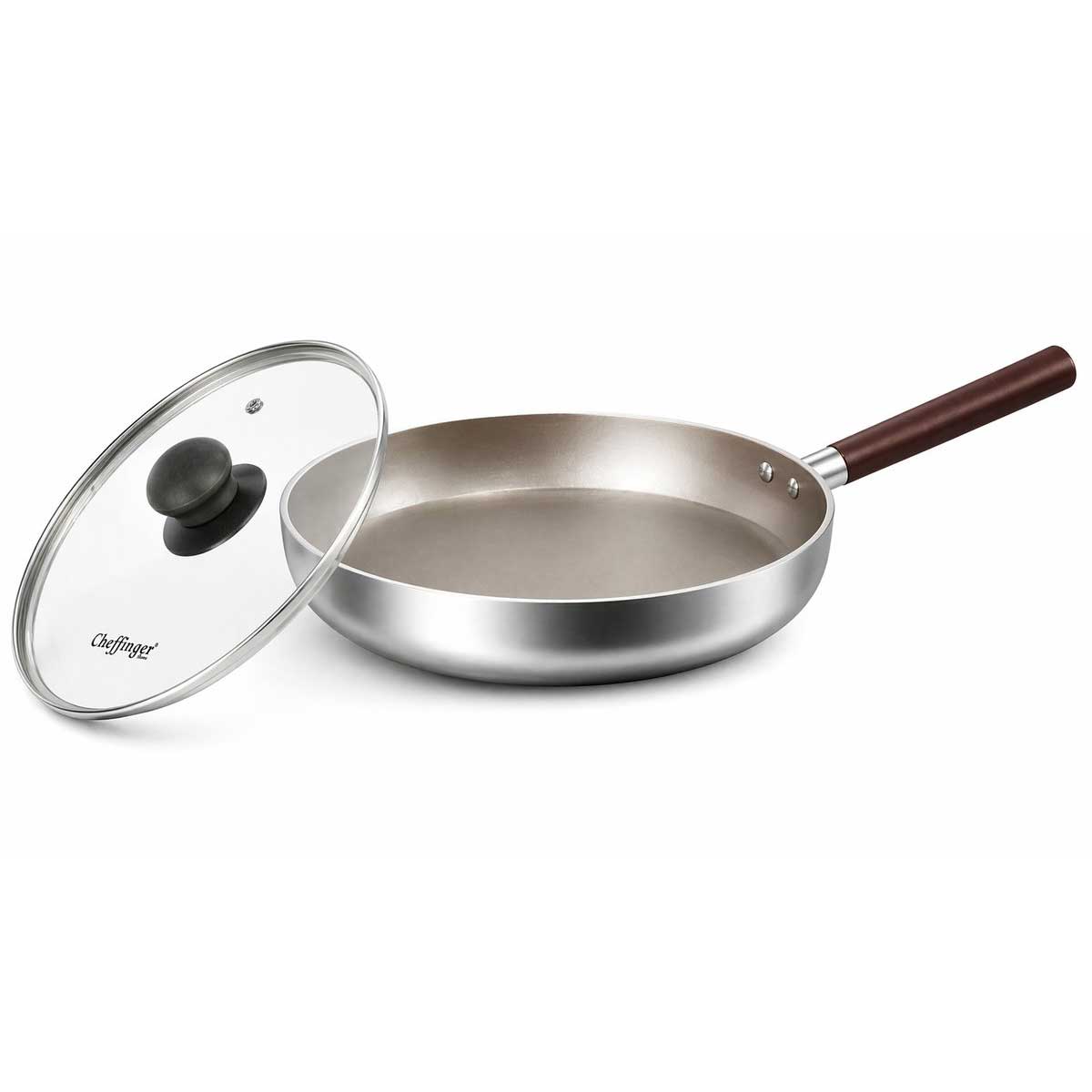 Cheffinger Koekenpan met Deksel - 20cm - Honingraat Antikras - Super Reliëf - Stof-Touch Handgreep met Houtlook - RVS
