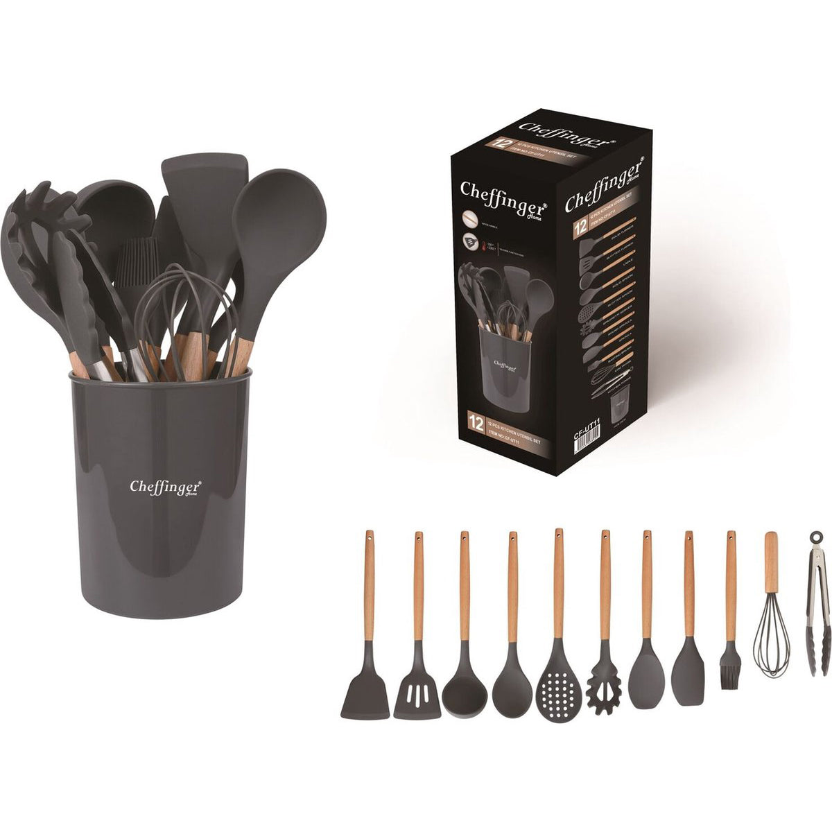 Cheffinger Kookgerei Set met Houder - 12-delig - Grijs - Keukengerei Set