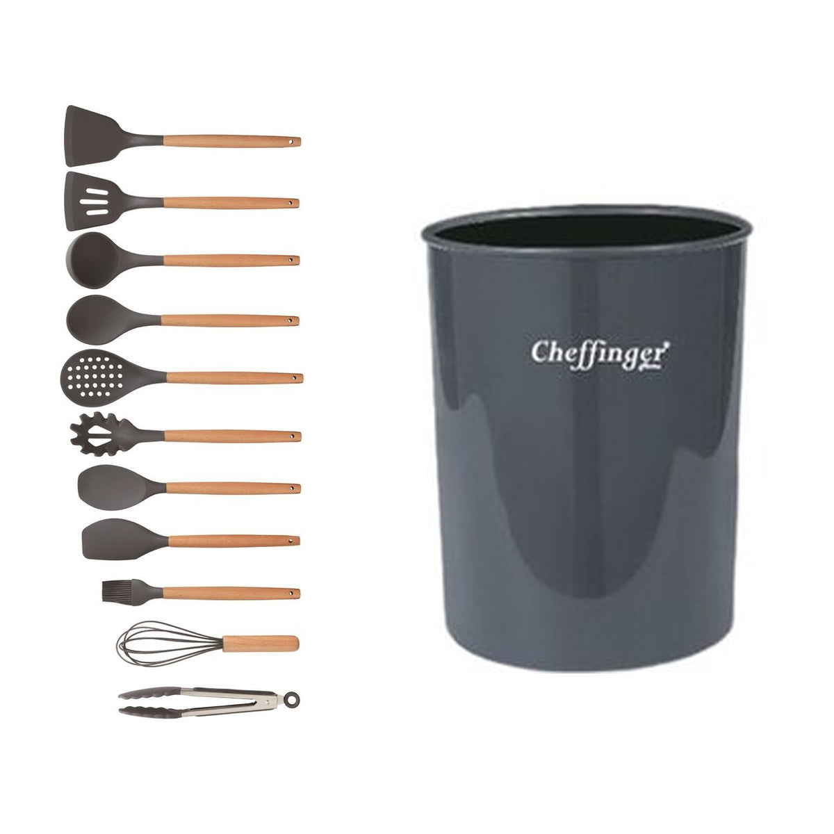 Cheffinger Cookware Set with Holder - 12 Piece - Gray - Kitchenware Set 