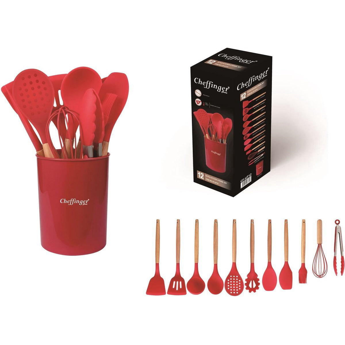 Cheffinger Kookgerei Set met Houder - 12-delig - Rood - Keukengerei Set